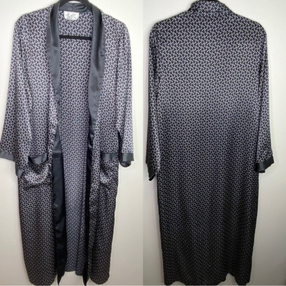 Jo Intimates Mens Vintage Black Geometric Satin Long Robe Shawl Collar Medium